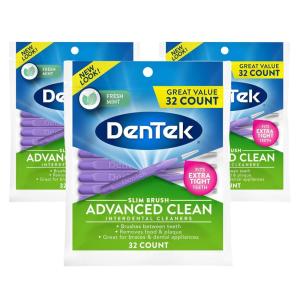 DenTek Slim Brush Advanced Clean, Interdental Brushes for Cleaning Between Tight Teeth, Safe for Braces & Dental Work, 32 Count(32 Count (Pack of 3))